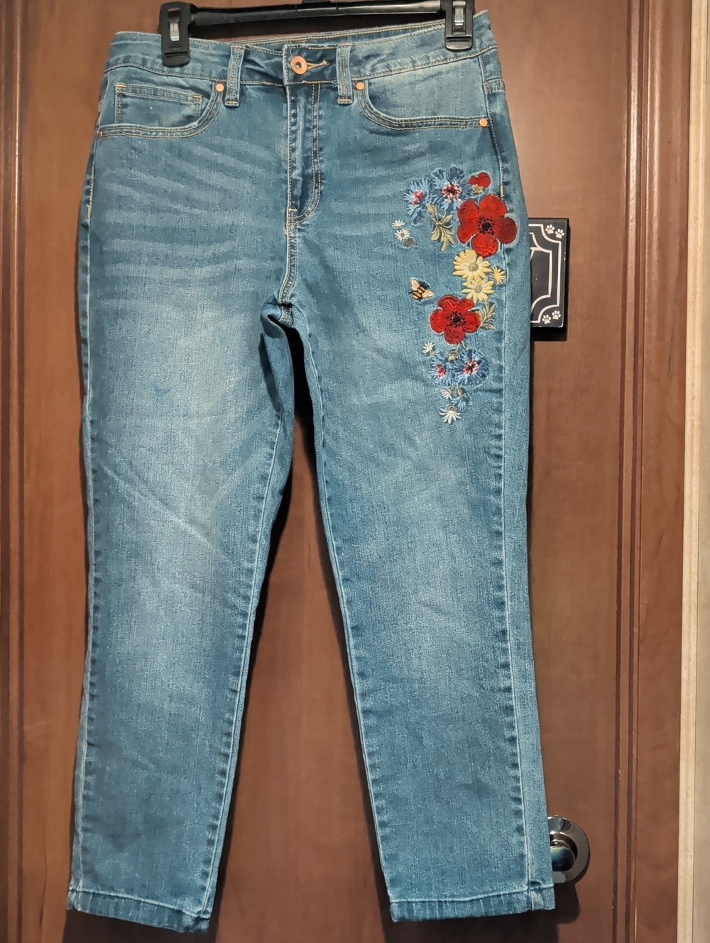 Highline Collective Embroidered Light Blue Straight Leg Jeans — Floral Accent